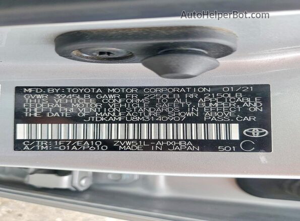 JTDKAMFU8M3140907 2021 TOYOTA PRIUS Silver VIN sticker view