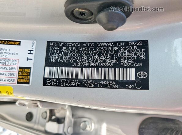 JTDKAMFU8N3183368 2022 TOYOTA PRIUS Silver Widok naklejki z numerem VIN