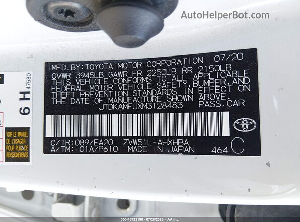 JTDKAMFUXM3128483 2021 TOYOTA PRIUS White ძრავის განყოფილების ხედი