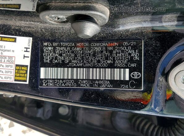 JTDKAMFUXM3153030 2021 TOYOTA PRIUS Black ძრავის განყოფილების ხედი