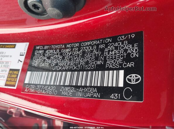 JTDKARFP0K3115231 2019 TOYOTA PRIUS PRIME Red Շարժիչի բաժամունքի տեսք