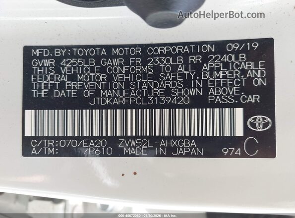 JTDKARFP0L3139420 2020 TOYOTA PRIUS PRIME White Widok komory silnika
