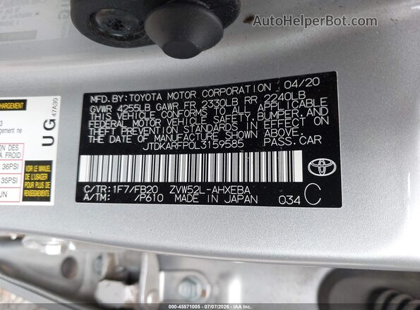 JTDKARFP0L3159585 2020 TOYOTA PRIUS PRIME Silver ძრავის განყოფილების ხედი
