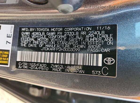 JTDKARFP2H3003099 2017 TOYOTA PRIUS Gray Widok naklejki z numerem VIN