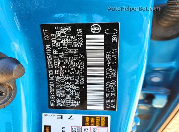 JTDKARFP2H3067126 2017 TOYOTA PRIUS Blue VIN კოდის სტიკერის ხედი