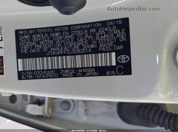 JTDKARFP3J3082014 2018 TOYOTA PRIUS PRIME White Շարժիչի բաժամունքի տեսք