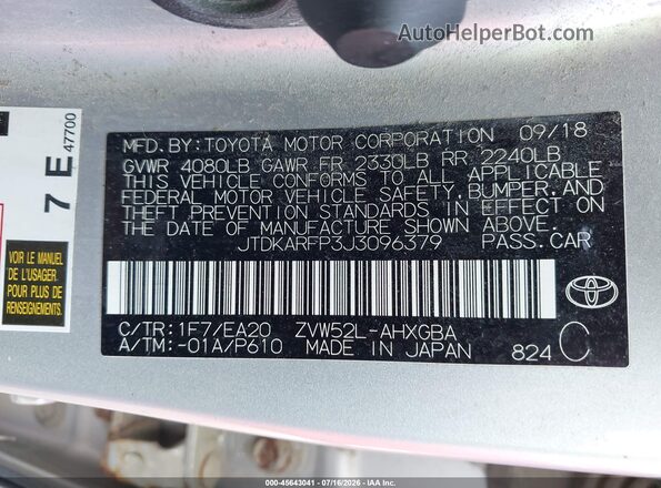 JTDKARFP3J3096379 2018 TOYOTA PRIUS PRIME Silver Vista del compartimento del motor