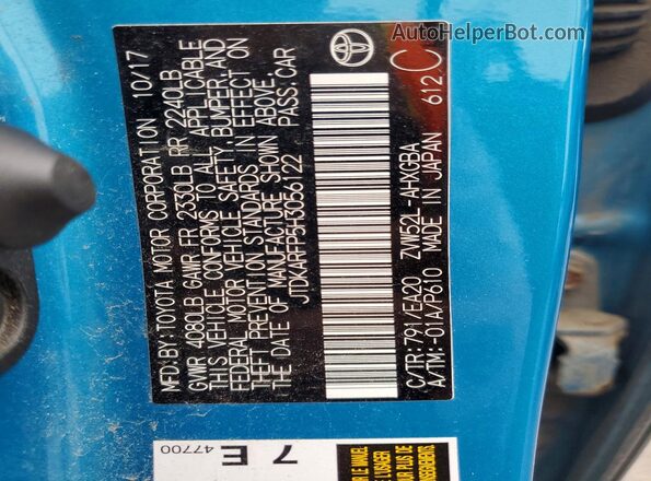 JTDKARFP5H3056122 2017 TOYOTA PRIUS Blue VIN կոդի պիտակի տեսք