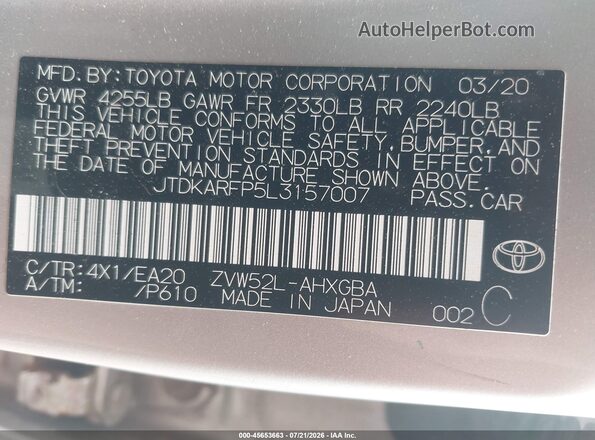 JTDKARFP5L3157007 2020 TOYOTA PRIUS PRIME Gold Widok komory silnika
