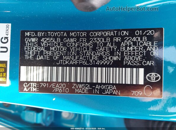 JTDKARFP6L3149997 2020 TOYOTA PRIUS PRIME Blue Вид підкапотного простору