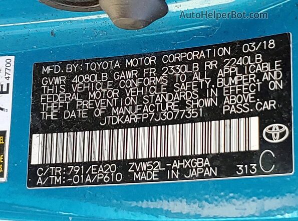 JTDKARFP7J3077351 2018 TOYOTA PRIUS Blue VIN sticker view