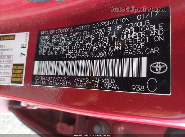 JTDKARFP8H3008839 2017 TOYOTA PRIUS PRIME Red Շարժիչի բաժամունքի տեսք