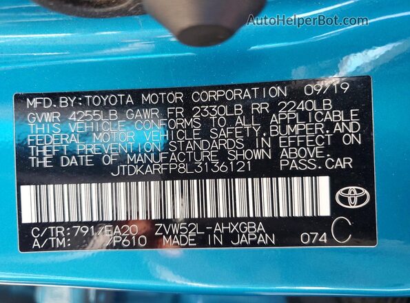 JTDKARFP8L3136121 2020 TOYOTA PRIUS Blue Widok komory silnika