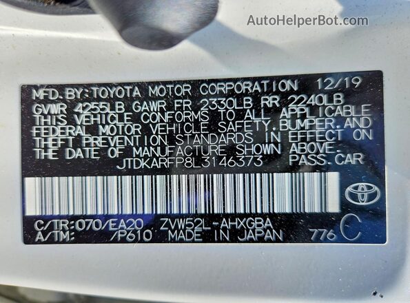 JTDKARFP8L3146373 2020 TOYOTA PRIUS White Engine compartment view