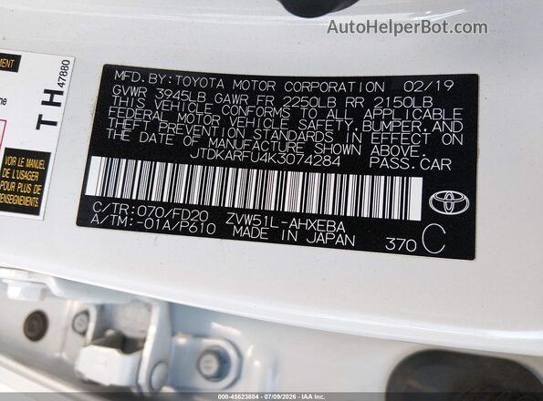 JTDKARFU4K3074284 2019 TOYOTA PRIUS Белый Вид подкапотного пространства