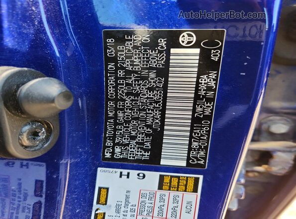JTDKARFU5J3551402 2018 TOYOTA PRIUS Blue VIN კოდის სტიკერის ხედი
