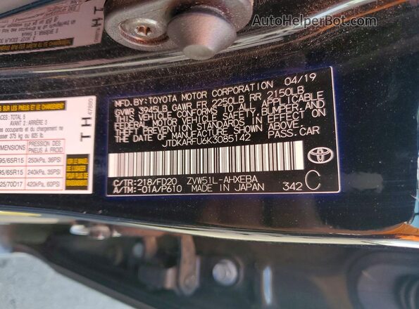 JTDKARFU6K3085142 2019 TOYOTA PRIUS Black Vista del compartimento del motor