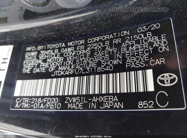 JTDKARFU7L3118540 2020 TOYOTA PRIUS Black Շարժիչի բաժամունքի տեսք