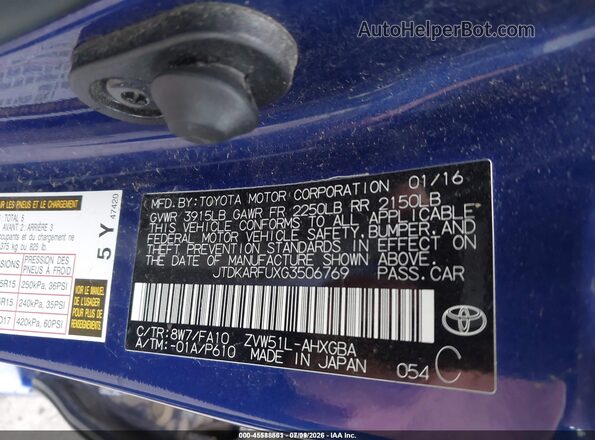 JTDKARFUXG3506769 2016 TOYOTA PRIUS Blue Շարժիչի բաժամունքի տեսք
