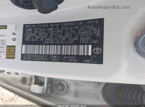 JTDKARFUXG3516430 2016 TOYOTA PRIUS White Շարժիչի բաժամունքի տեսք