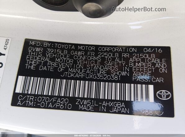 JTDKARFUXG3520381 2016 TOYOTA PRIUS White Շարժիչի բաժամունքի տեսք
