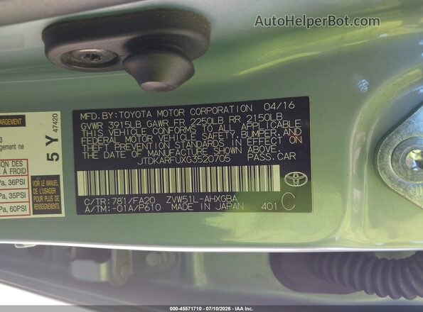 JTDKARFUXG3520705 2016 TOYOTA PRIUS Green Vista del compartimento del motor