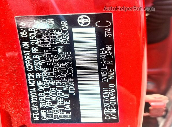 JTDKARFUXG3521675 2016 TOYOTA PRIUS Red VIN sticker view