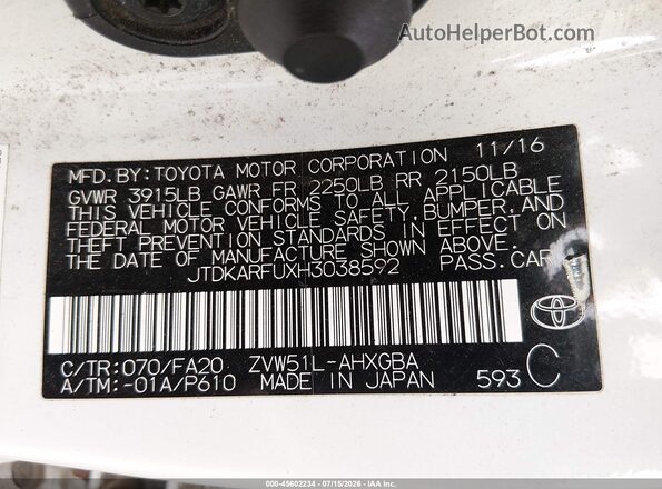 JTDKARFUXH3038592 2017 TOYOTA PRIUS Белый Вид подкапотного пространства