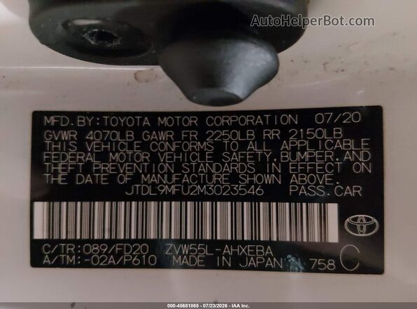 JTDL9MFU2M3023546 2021 TOYOTA PRIUS White ძრავის განყოფილების ხედი