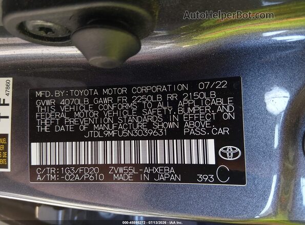 JTDL9MFU5N3039631 2022 TOYOTA PRIUS Gray Вид підкапотного простору