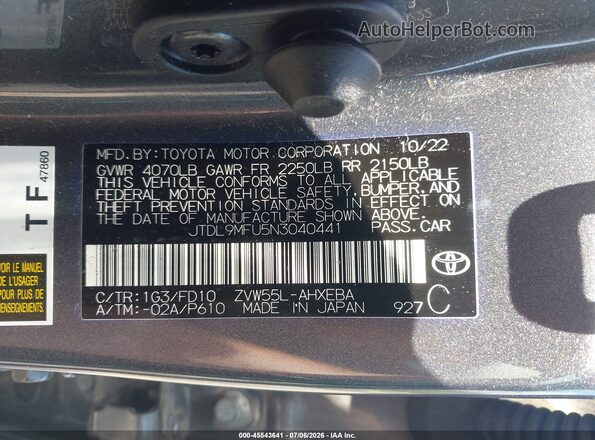 JTDL9MFU5N3040441 2022 TOYOTA PRIUS Gray ძრავის განყოფილების ხედი