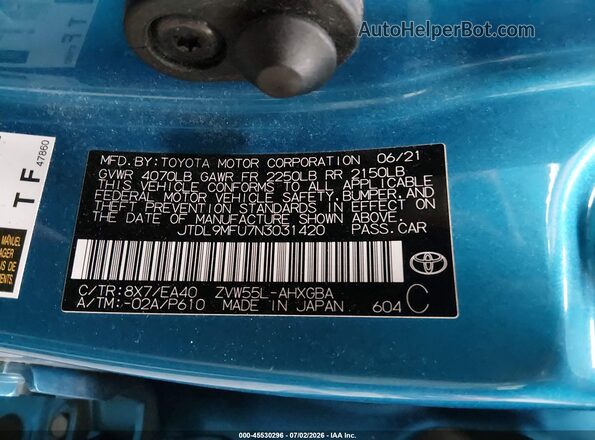 JTDL9MFU7N3031420 2022 TOYOTA PRIUS Blue ძრავის განყოფილების ხედი