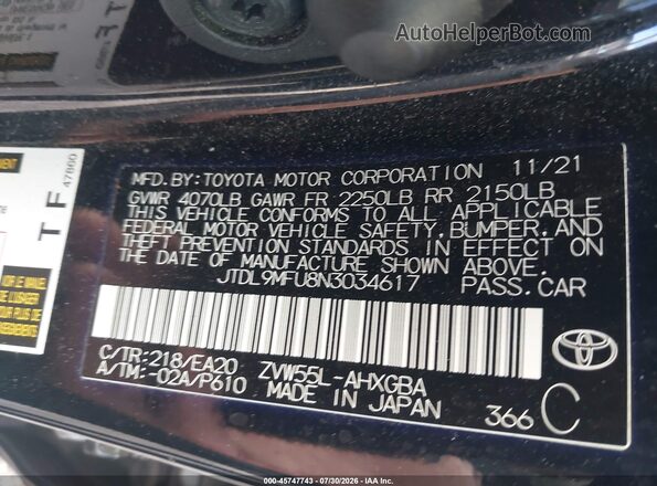 JTDL9MFU8N3034617 2022 TOYOTA PRIUS Black ძრავის განყოფილების ხედი