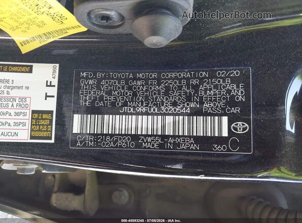 JTDL9RFU0L3020544 2020 TOYOTA PRIUS Black Вид підкапотного простору