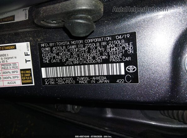 JTDL9RFU1K3006781 2019 TOYOTA PRIUS Gray Widok komory silnika