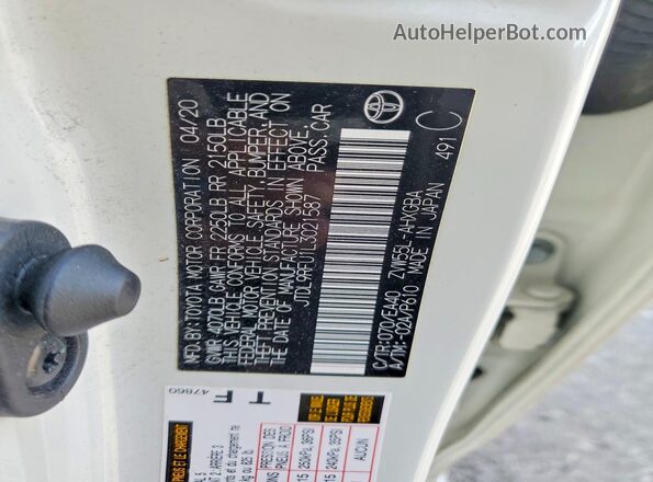 JTDL9RFU1L3021587 2020 TOYOTA PRIUS White VIN sticker view