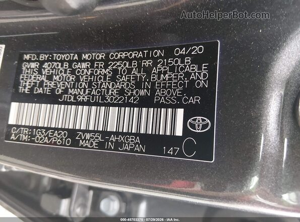 JTDL9RFU1L3022142 2020 TOYOTA PRIUS Gray Widok komory silnika