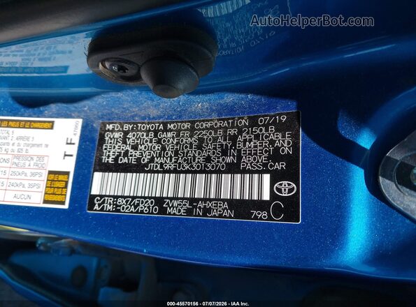 JTDL9RFU3K3013070 2019 TOYOTA PRIUS Blue Շարժիչի բաժամունքի տեսք