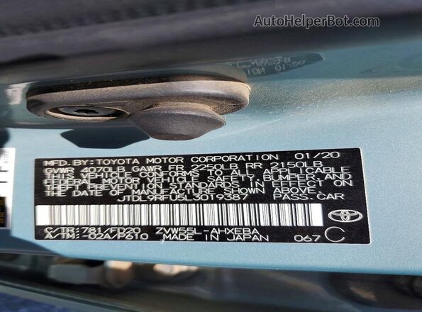 JTDL9RFU5L3019387 2020 TOYOTA PRIUS Бирюзовый Вид наклейки с VIN-кодом