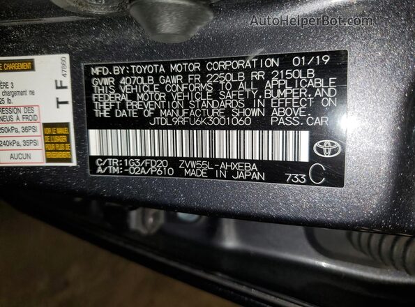 JTDL9RFU6K3001060 2019 TOYOTA PRIUS Gray Вид наклейки з VIN-кодом