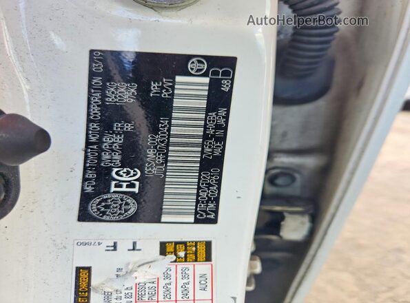 JTDL9RFU7K3004341 2019 TOYOTA PRIUS White VIN կոդի պիտակի տեսք