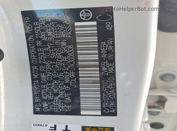 JTDL9RFU7K3008308 2019 TOYOTA PRIUS White Widok komory silnika