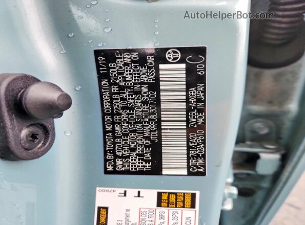 JTDL9RFU8L3017102 2020 TOYOTA PRIUS Turquoise VIN sticker view