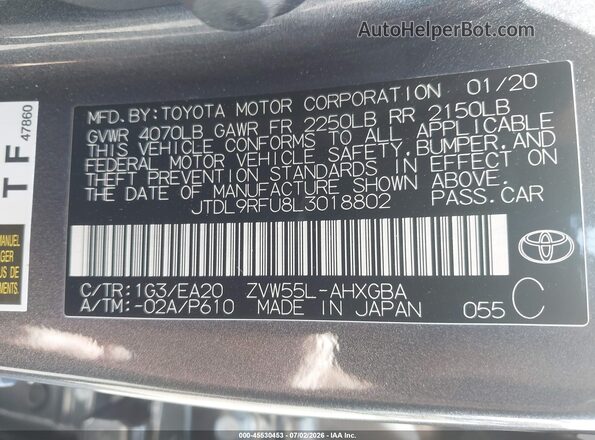JTDL9RFU8L3018802 2020 TOYOTA PRIUS Gray ძრავის განყოფილების ხედი
