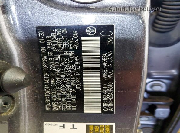 JTDL9RFU9L3018789 2020 TOYOTA PRIUS Gray Vista del compartimento del motor