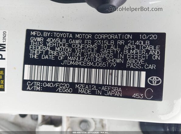 JTDM4MCE8MJ065179 2021 TOYOTA COROLLA White Շարժիչի բաժամունքի տեսք