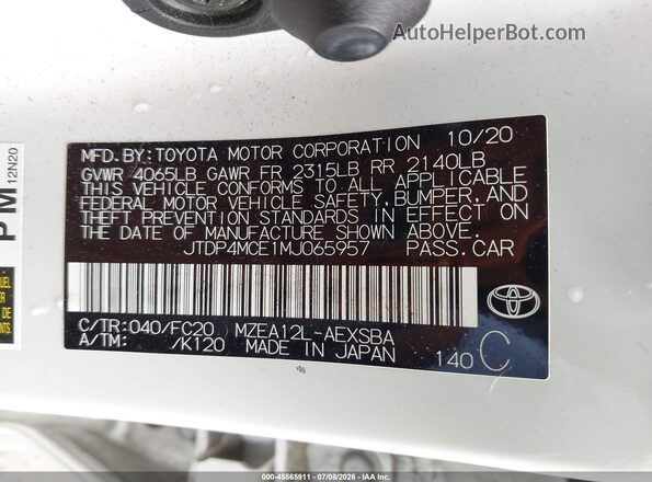 JTDP4MCE1MJ065957 2021 TOYOTA COROLLA White Vista del compartimento del motor