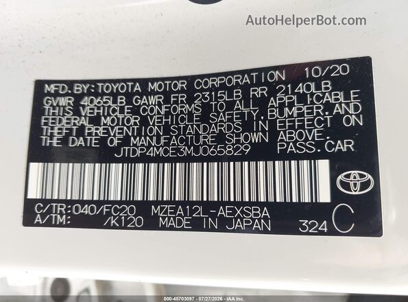JTDP4MCE3MJ065829 2021 TOYOTA COROLLA White Engine compartment view