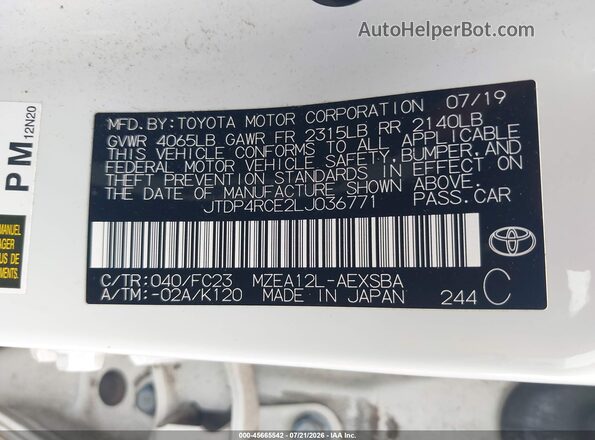 JTDP4RCE2LJ036771 2020 TOYOTA COROLLA White Շարժիչի բաժամունքի տեսք