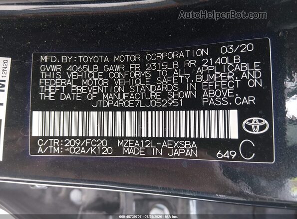 JTDP4RCE7LJ052951 2020 TOYOTA COROLLA Черный Вид подкапотного пространства